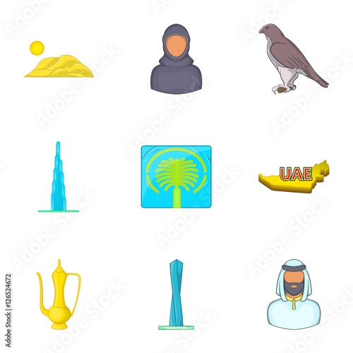 UAE country icons set. Cartoon illustration of 9 UAE country vector icons for web