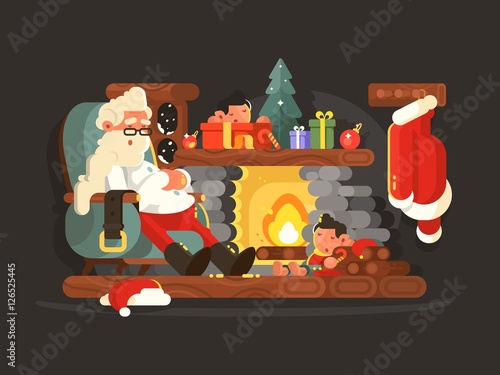Character Santa Claus on chair near fireplace