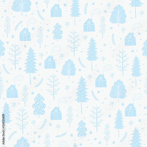 Cozy christmas seamless pattern made of winter trees, houses and snowflakes in vector. Seamless pattern can be used for wallpapers, pattern fills, web page backgrounds,surface textures.
