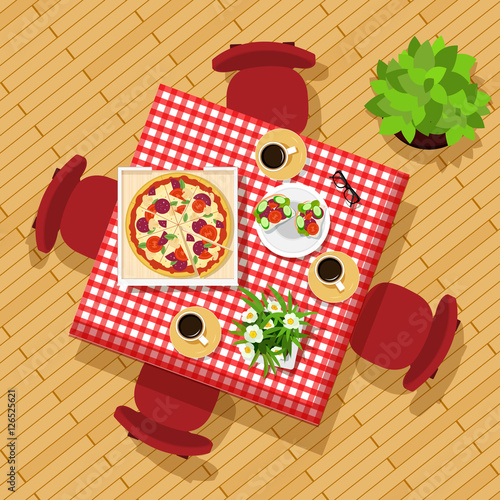 Dining table top view. Stylish graphic set with table, chairs, cups, dishes and flowers. Beautiful kitchen table. Vector illustration.