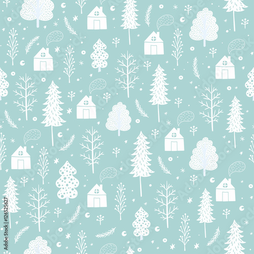 Cozy christmas seamless pattern made of winter trees, houses and snowflakes in vector. Seamless pattern can be used for wallpapers, pattern fills, web page backgrounds,surface textures.