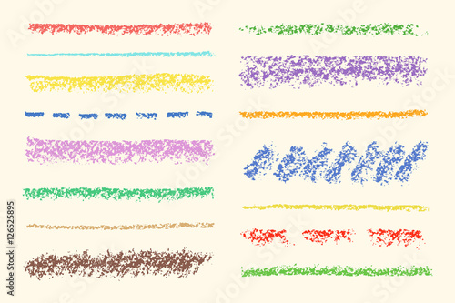 Set of colorful wax crayon isolated strokes. Hand drawn pastel chalk circle stripes background. Vector kids hand painting texture design elements. 