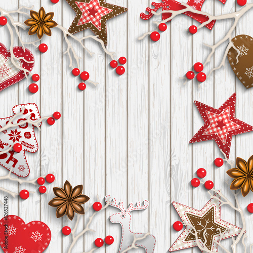 Abstract christmas background, dry branches with red berries and small scandinavian styled decorations lying on wooden desk, illustration