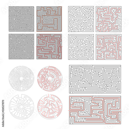 Set of different labyrinths with solutions on white