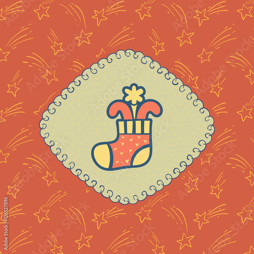Christmas and New Year vintage ornate frame with gift stocking symbol