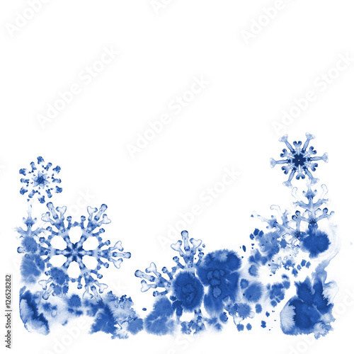 Greeting cards with watercolor snowflakes and frosty pattern. Hand-painted illustration
