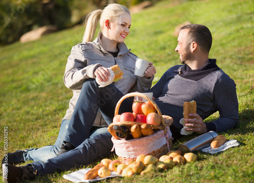 Loving happy young couple chatting as having picnic