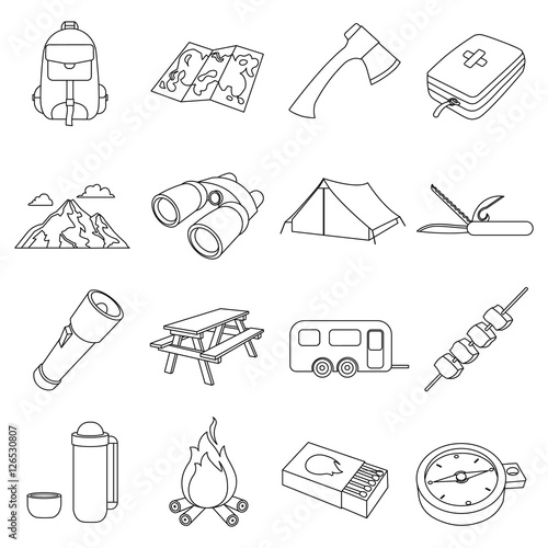 Camping set icons in outline style. Big collection of camping vector symbol stock illustration