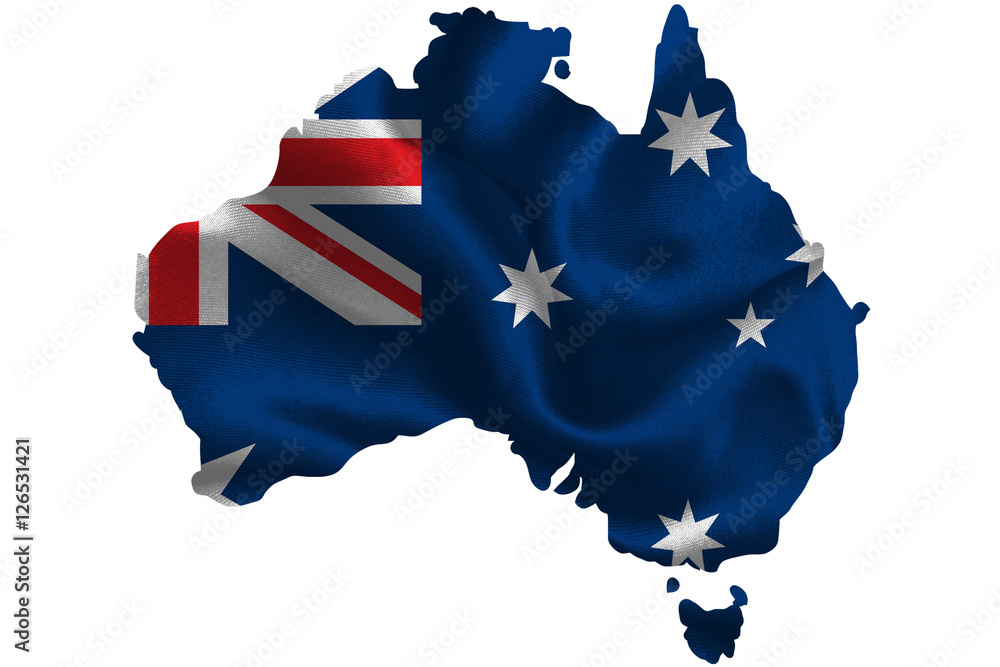 Fototapeta premium Map of Australia with national flag on fabric surface.