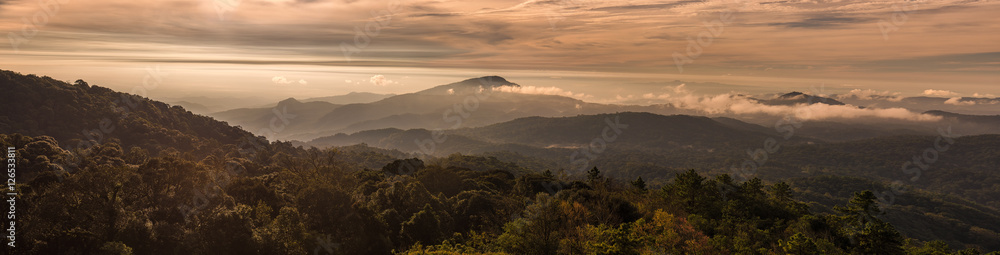  Panorama of mountains landscape under morning sky with clouds at Doi Inthanon National Park, Chiang Mai, Thailand.