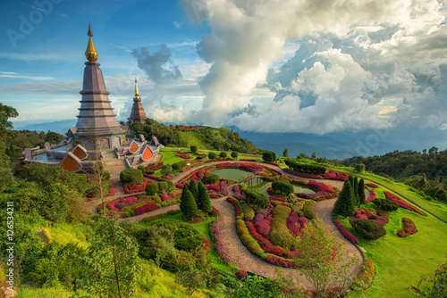 Beautiful landscape of two pagoda on the top of Doi Inthanon National park, Chiang Mai, Thailand. © yotrakbutda