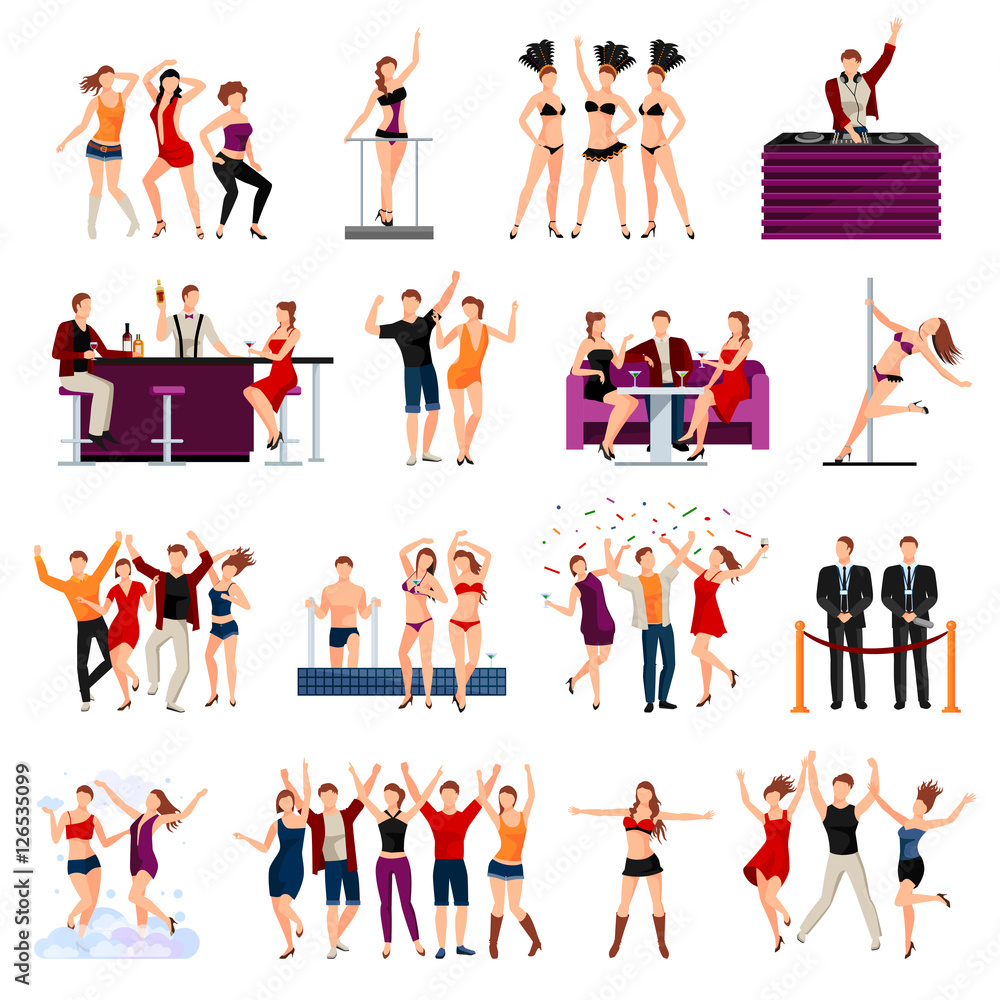 Dancing Club People Flat Icons Set Dancing Club People Flat Icons Set
