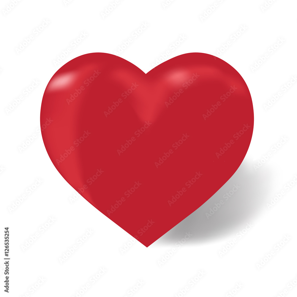 Heart of red color on a white background with shadow, isolated, illustration