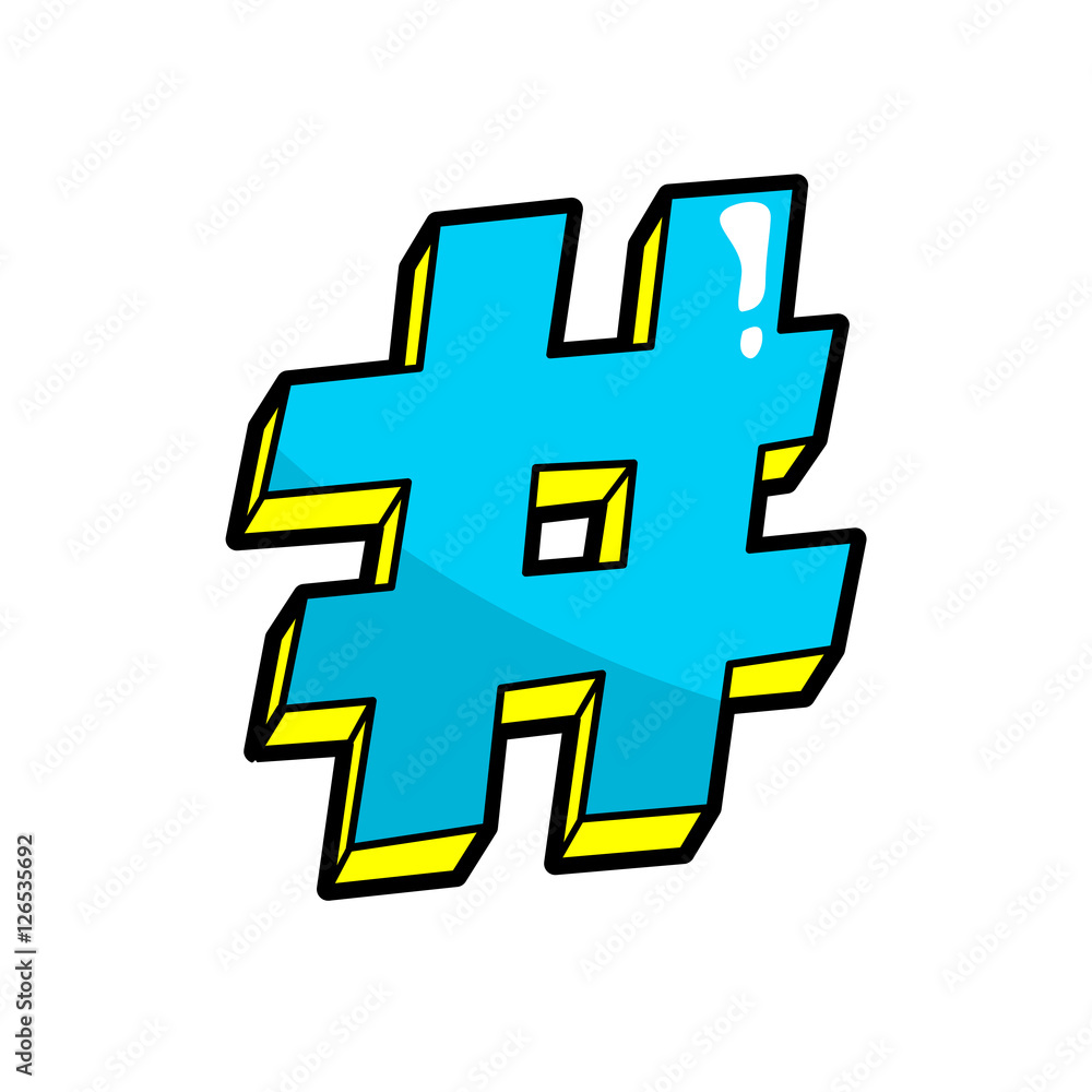 Hashtag. Pop art cool sticker, patch. Hash tag, Twitter, social media, instagram, facebook