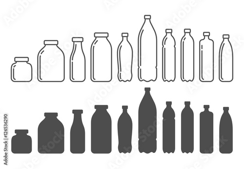 Plastic and glass bottles, containers. Silhouettes vector illustration.