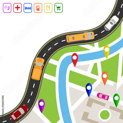 Road infographics. Winding road with markers on the map terrain. The path specifies the navigator. Displaying traffic car illustration photo