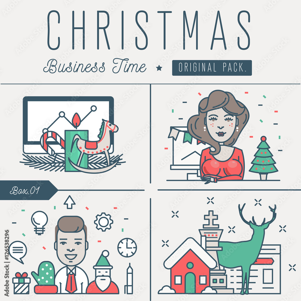 Obraz premium Modern excellent happy christmas business time. Thin line new year holiday concept. Decoration winter new year tree elements. Celebration vector winter objects and beauty xmas event.