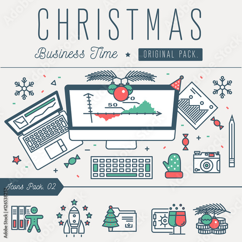 Modern excellent happy christmas business time. Thin line new year holiday concept. Decoration winter new year tree elements. Celebration vector winter objects and beauty xmas event.