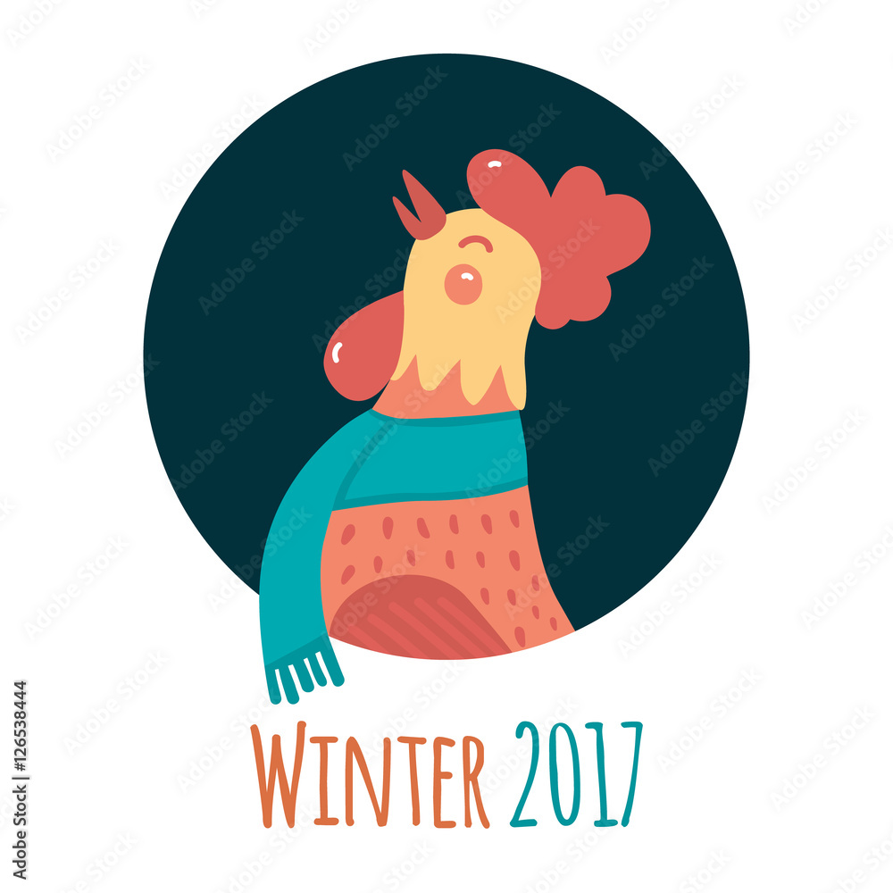 Obraz premium Cartoon rooster in round frame. Symbol of the year. Winter flat illustration. White background.