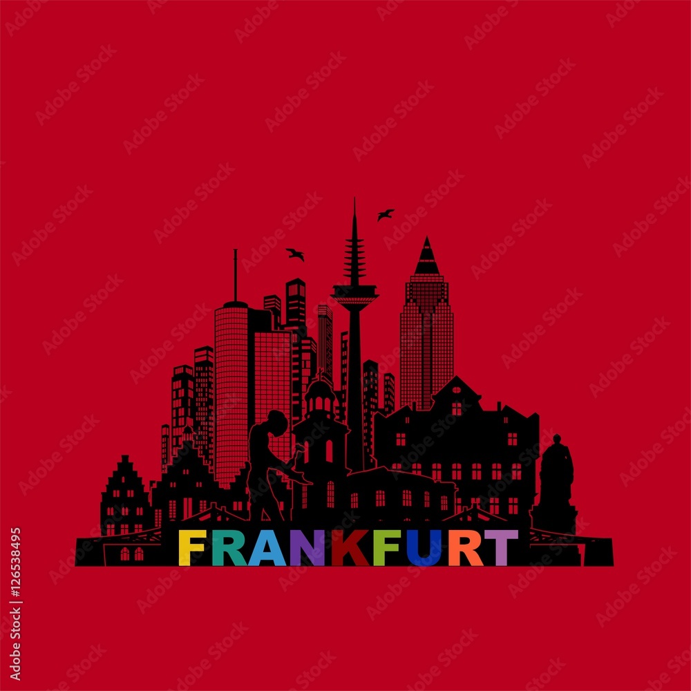 Frankfurt am Main Sehenswürdigkeiten Silhouette Panorama Wandtatoo bunt rot schwarz - Grafik Illustration Stadtansicht