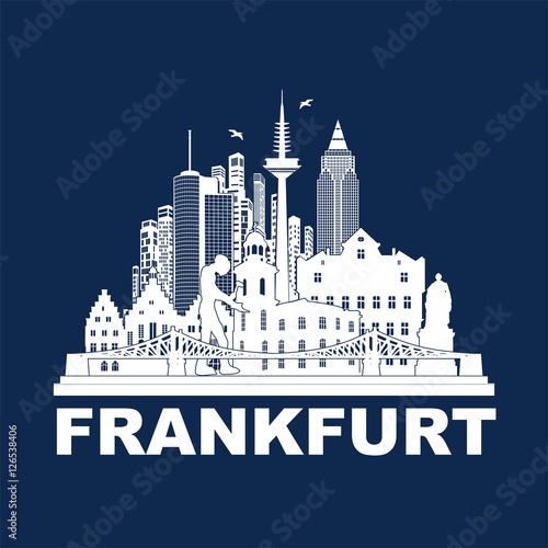 Frankfurt am Main - City Deutschland - Panoramaansicht Skyline Sehenwürdigkeiten Silhouette Denkmäler Brücken - Grafik Vektor blau weiß