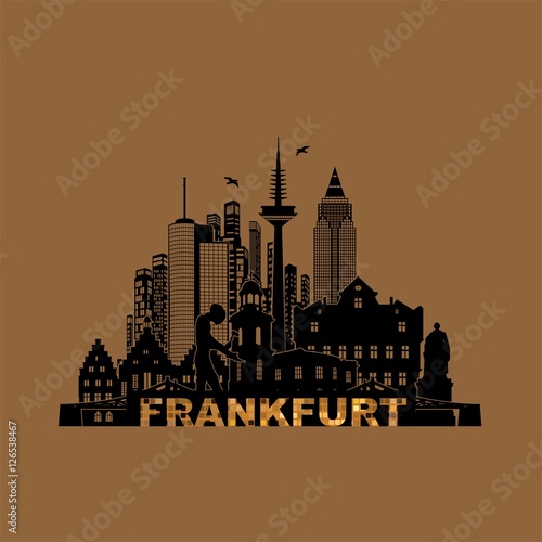 Frankfurt am Main - Deutschland Tourismus - Silhouette Innenstadt Altstadt Bankenviertel Messe Goethe - Wandtatoo Grafik Vektor