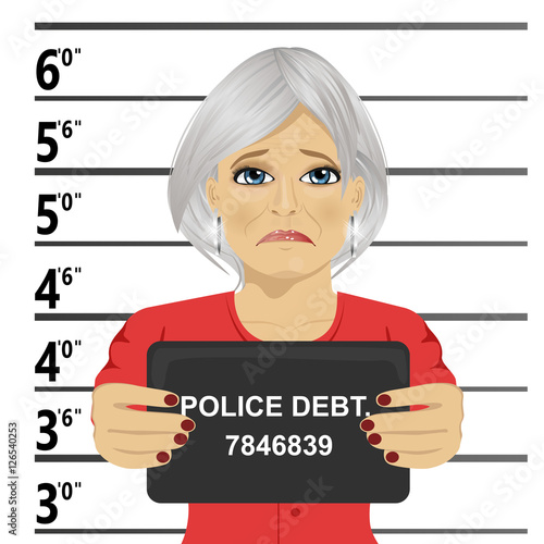 Arrested senior woman posing for mugshot holding a signboard