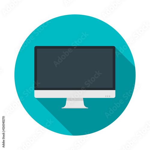 Computer pc monitor web logo icon. Round web button with monitor icon in flat style with shadow on a blue background. Vector isolated illustration.