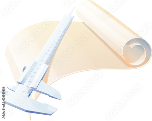 Fotografi Vernier caliper. trammel with roll of paper. isolated on white.