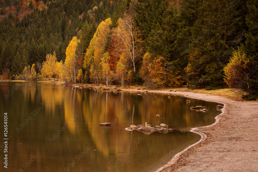 Lake reflections of fall foliage. Colorful autumn foliage casts Lake reflections of fall foliage. Colorful autumn foliage casts