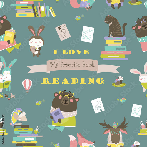 Seamless pattern with animals reading books