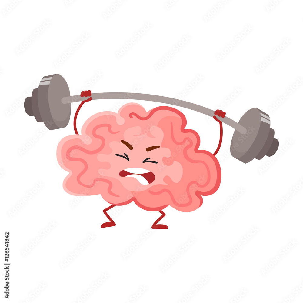 Funny concentration brain training with a barbell, cartoon vector 