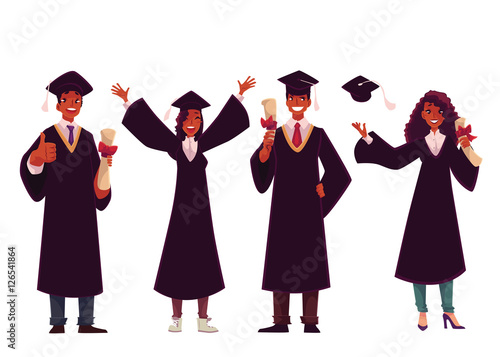 Set of black students in traditional caps and gowns celebrating successful graduation, cartoon style illustration isolated on white background. African American students graduating from University