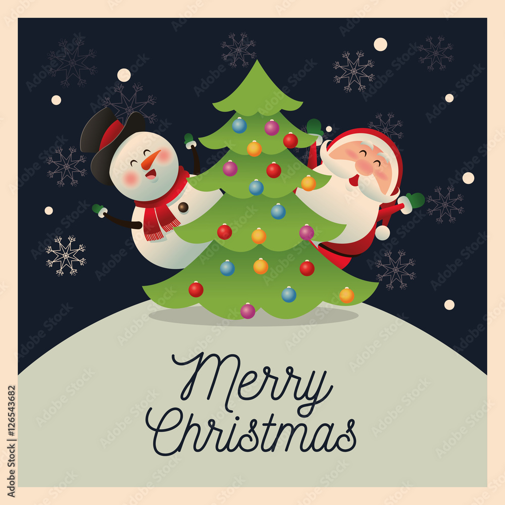 Santa and snowman cartoon with pine tree icon. Christmas season card decoration and celebration theme. Colorful design. Vector illustration Santa and snowman cartoon with pine tree icon. Christmas season card decoration and celebration theme. Colorful design. Vector illustration