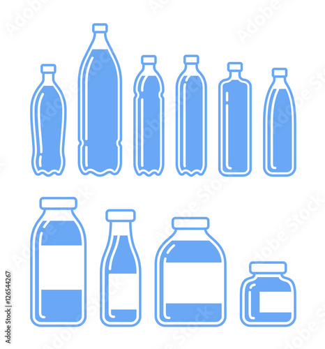 Plastic and glass bottles, containers. Silhouettes vector illustration.