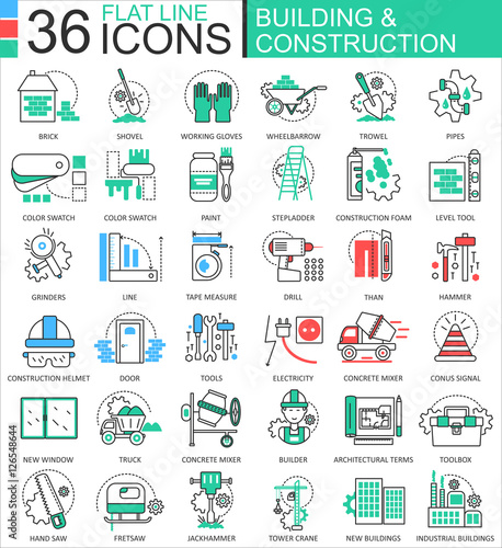 Vector Construction and building tools modern color flat line outline icons for apps and web design.