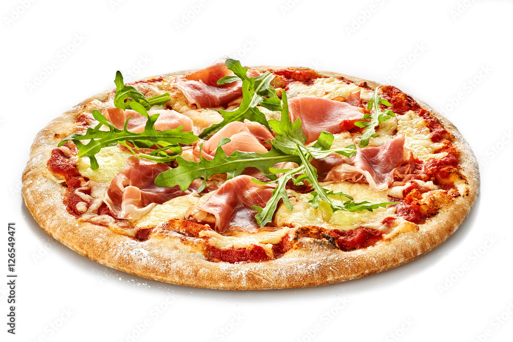 Pizza with ham and rocket salad isolate on white background