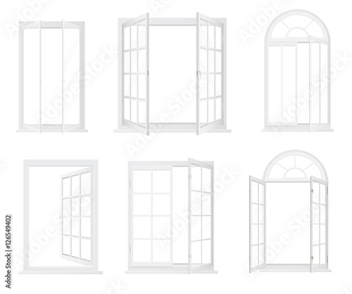 Different types of windows. Realistic decorative windows icons set.