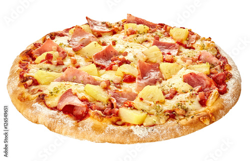 Pizza Hawaii with ham and pineapple isolate on white background