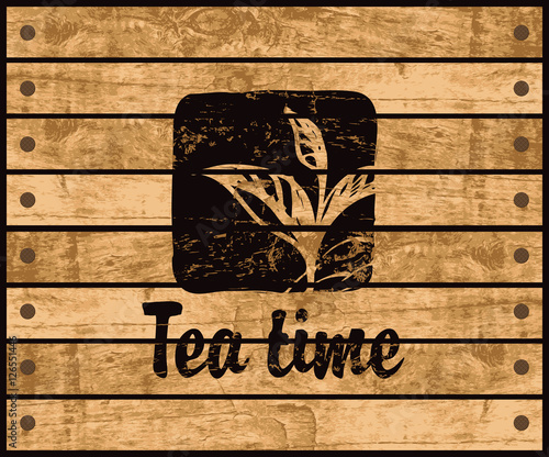 banner with the logo of the tea time with a pattern tea bush branch on a background wooden planks