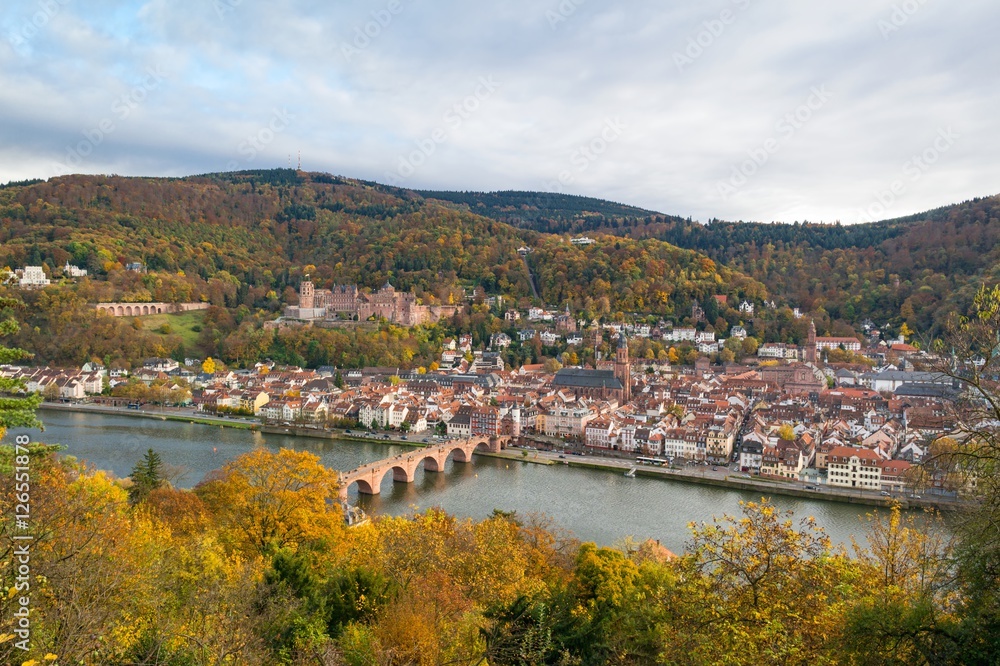 Heidelberg: autumnal panoramic aerial view on the Old Town, the river Neckar, the Old Bridge and the castle from the Philosophers’ Walk