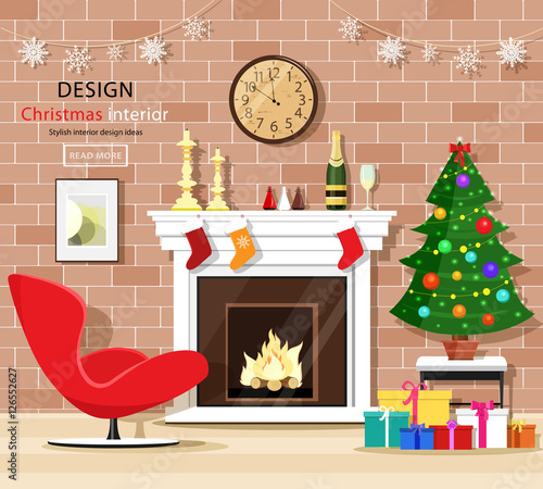 Christmas room interior set with christmas tree, fireplace, armchair, gift boxes and old clock. Vector illustration.