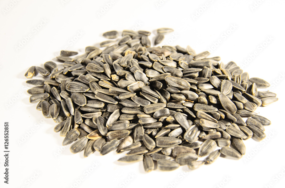 Pile of the roasted sunflower seeds isolated on white background