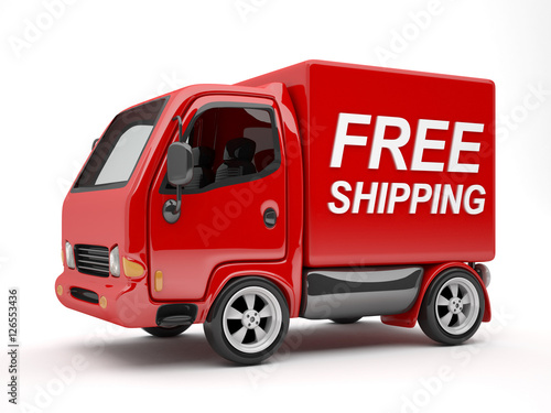 3D Red Van with Free Shipping text isolated