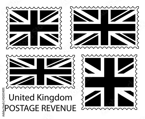 Great Britain flag postage stamp set, black isolated on white background, vector illustration.