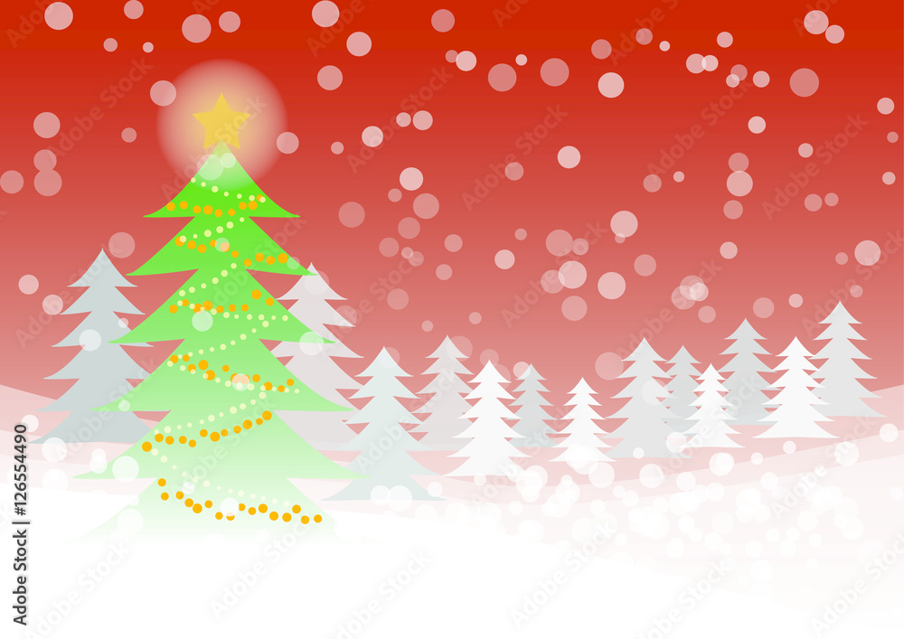 Red Christmas greeting light trees with snowfall background.