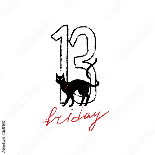 Friday 13th grunge illustration with numerals and black cat.