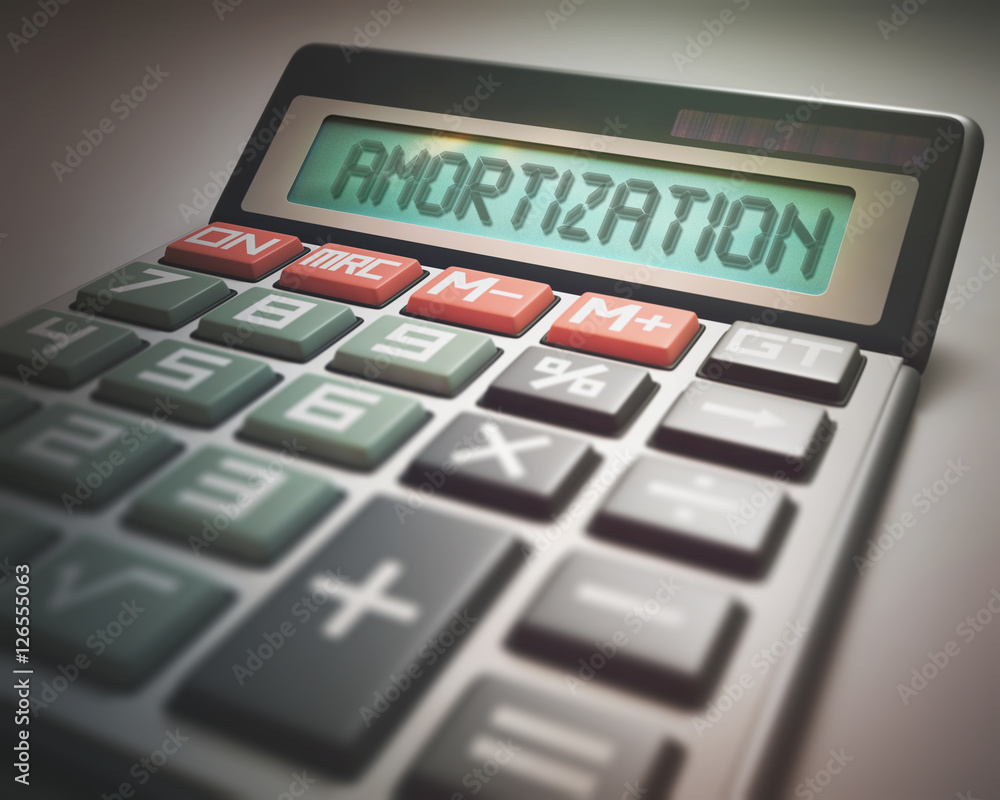 Solar calculator with the word AMORTIZATION on the display. Business and Finance concept. Solar calculator with the word AMORTIZATION on the display. Business and Finance concept.
