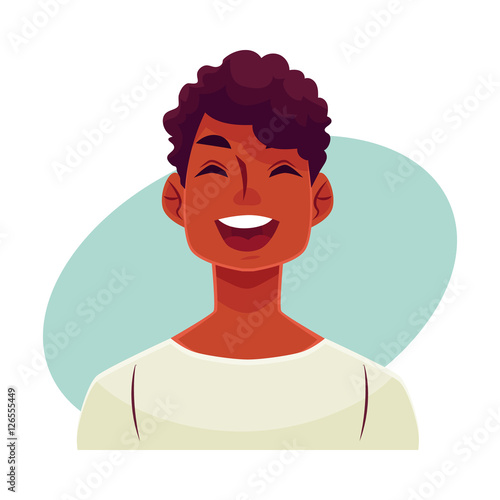 Young african man face, laughing facial expression, cartoon vector illustrations isolated on blue background. Handsome boy emoji laughing out load with closed eyes and open mouth. Laughing face