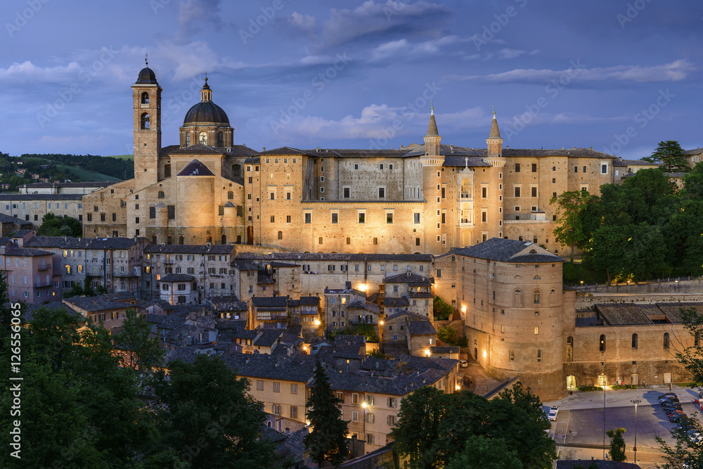 Illuminated castle Urbino Italy